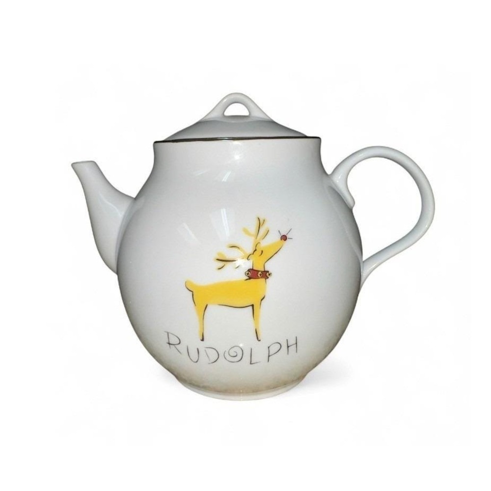 Pottery Barn Reindeer Rudolph Christmas Teapot White‎ Ceramic